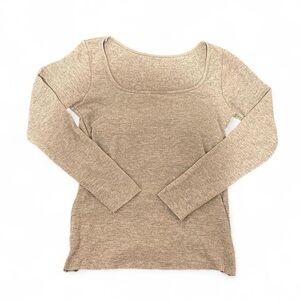 Grey Ribbed Square Neck long Sleeve top with Built in Bra